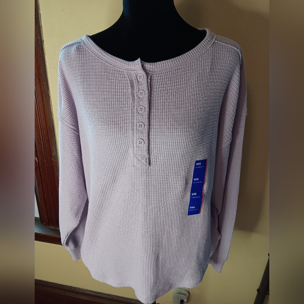 Light Lavender Henley Waffle Knit Long Sleeve Top, Size Xxs ,run Large